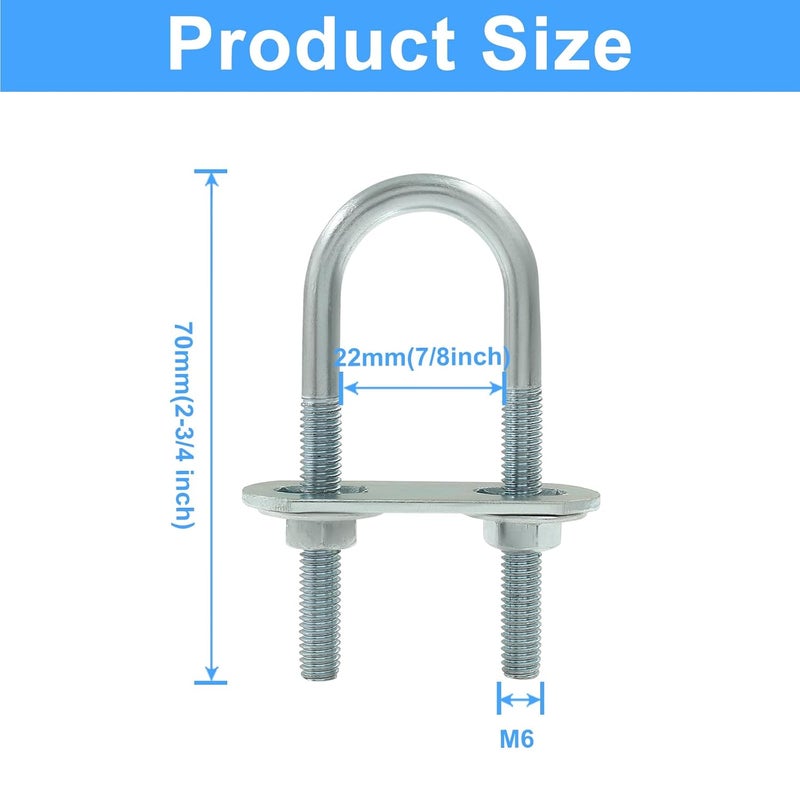 Moicstiy 4 Sets M6 U Bolts 7/8 Inch Wide, Round U-Bolts with Frame Plates, Nuts, and Washer, Zinc Plated Steel U Clamp for Trailers, Boats (22 mm x 70 mm - Image 2
